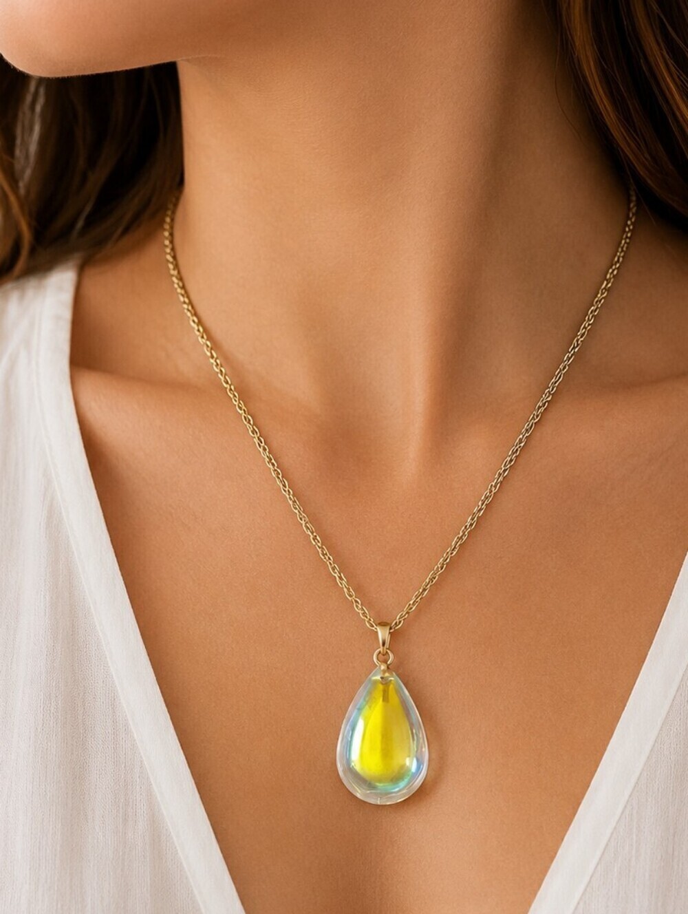 18k Gold Plated Irridescent Crystal Teardrop Pendant Chain Necklace